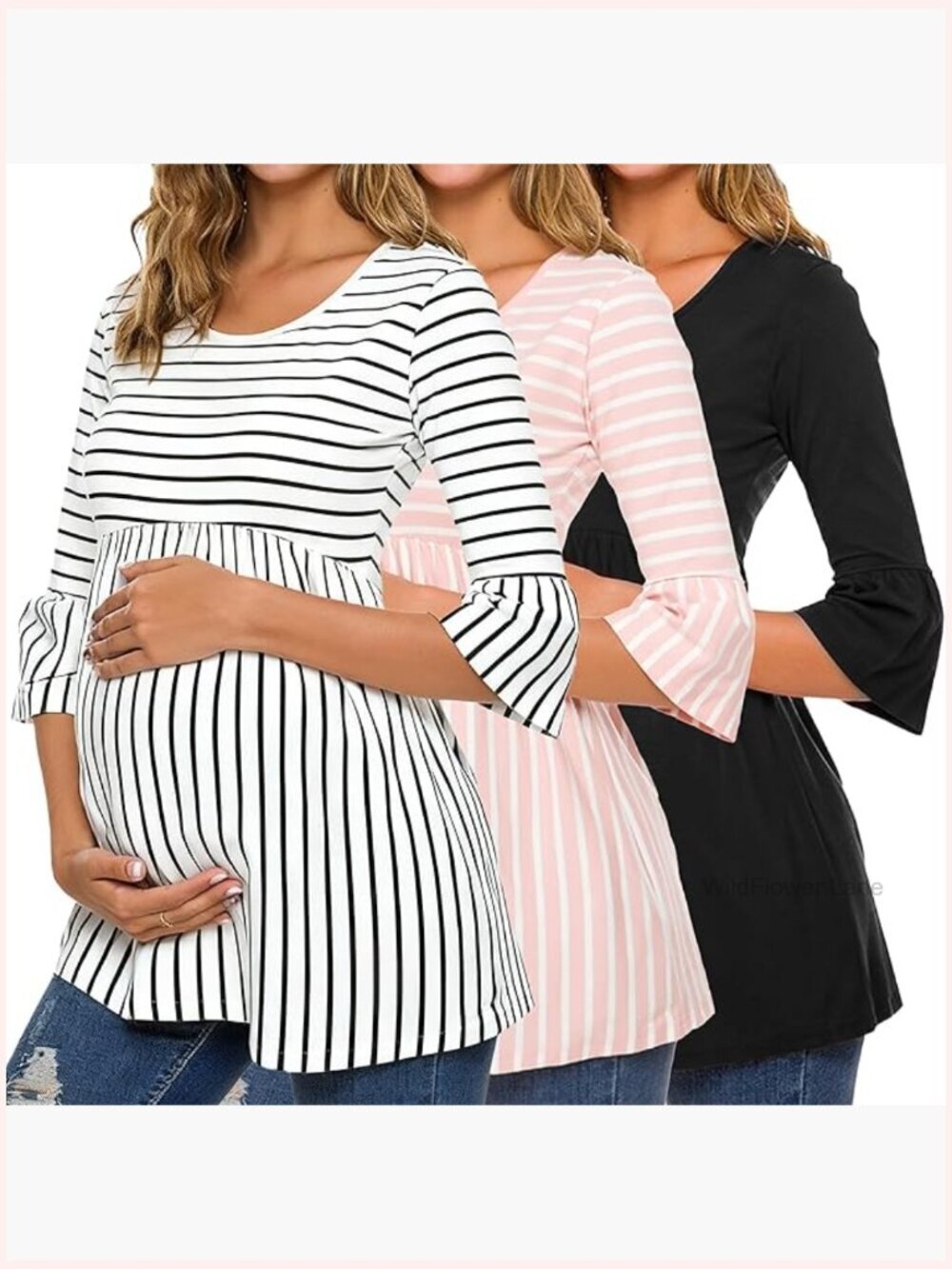 Women's Maternity Peplum Top Striped 3/4 Ruffle Sleeve Soft Shirt